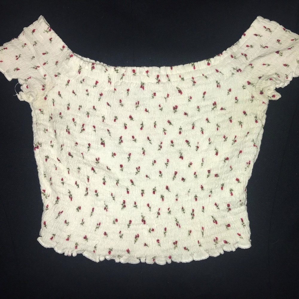 White Rose Print Smocked Off Shoulder Crop Top